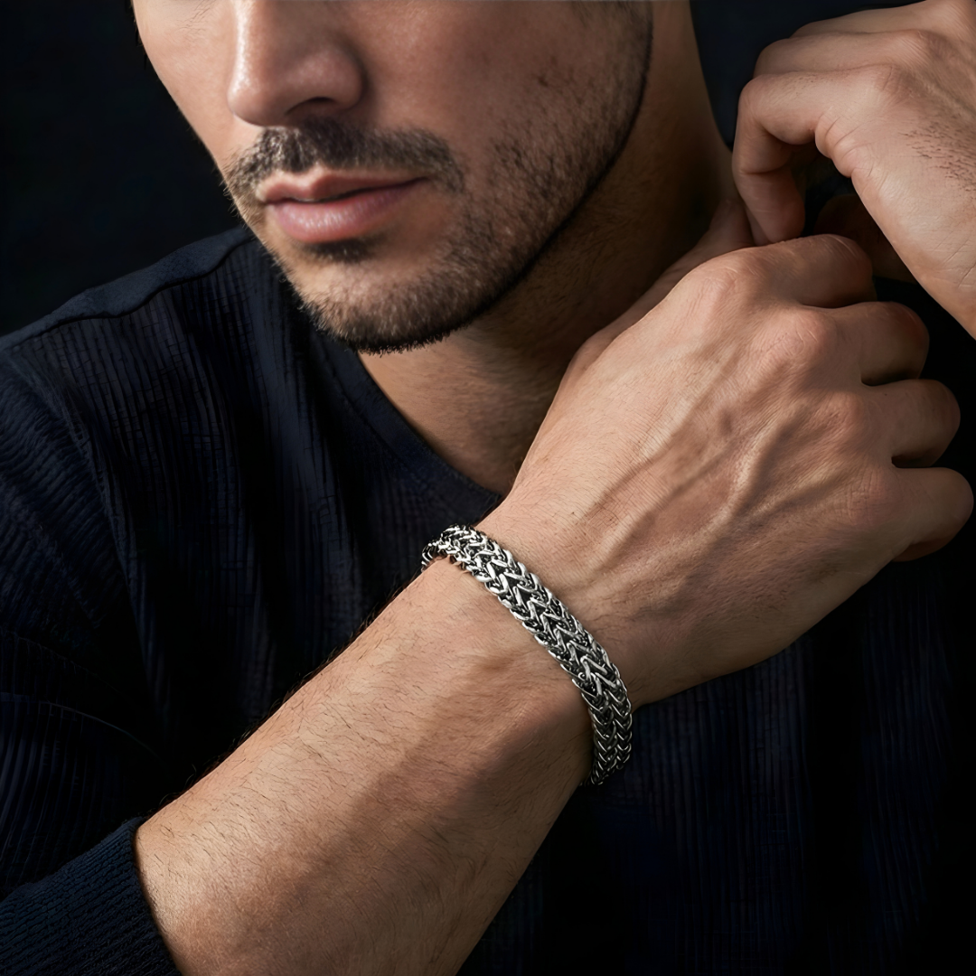 Silver Woven Wheat Chain Bracelet for Men (23cm) – Heavyweight Intricate Mesh Franco Link Bracelet